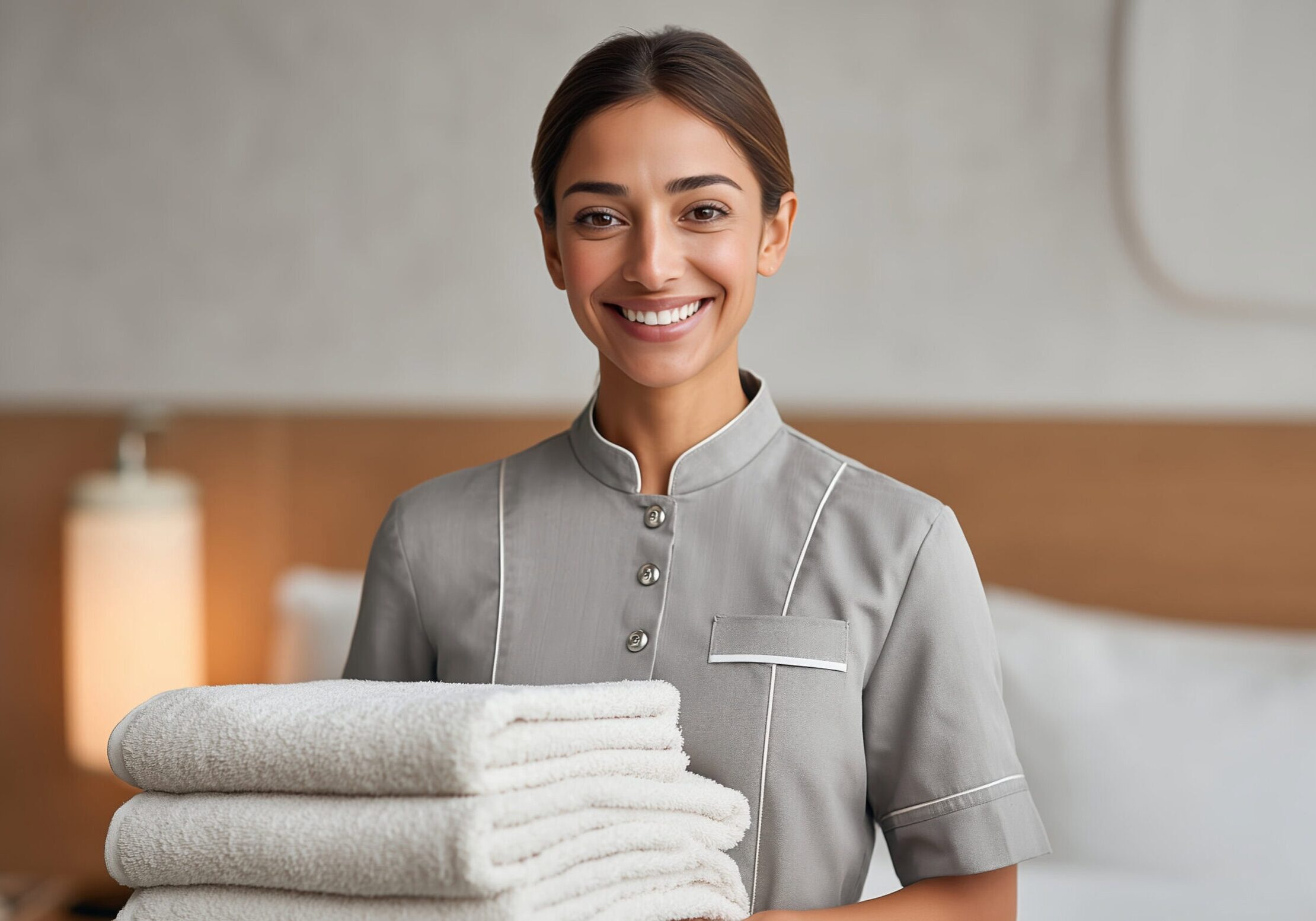 Hotel maid holding folded towels in a bedroom. Young adult woman in gray uniform, indoor hospitality setting with bed and lamp, housekeeping service and hotel industry concept.